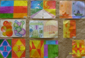 Pinturas com cores quentes e frias, feitas por alunos.