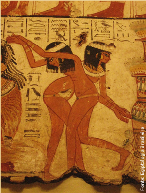 Imagem de detalhe da pintura mural do tmulo de Nebamun que mostra danarinas e uma instrumentista.
<br/>
Palavras-chave: Egito, egiptologia, dana, danarinas, Tumba de Nebamum, pintura mural, instrumentista