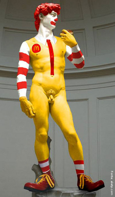 Apropriao da obra David de Michelangelo. O publicitrio utilizou a imagem da obra David de Michelangelo, que virou Mc David (2008) caracterizado de Ronald McDonald. Aqui, o autor relacionou a publicidade da comida saudvel com a bela forma de David.
Uma das ltimas edies do concurso do site Worth1000  Photoshopping  desafiou os photoshopistas de planto a transformarem obras de arte, conhecidas em peas publicitrias, em propagandas publicitrias.
David ou Davi  uma das esculturas mais famosas do artista renascentista Michelangelo. O artista levou trs anos para concluir a escultura de Davi (1501 a 1504), usando neste trabalho o realismo do corpo nu e o predomnio das linhas curvas. David retrata o heri bblico e  considerada uma das mais importantes obras do Renascimento e do prprio autor. A escultura atualmente encontra-se em Florena, na Itlia, cidade que originalmente encomendou a obra.
Veja tambm o vdeo Arte na Publicidade I,II,III.
<br/><br/>
Palavras-chave: david, michelangelo, renascimento, escultura, publicidade, apropriao, mcdonald, mc david, concurso do site worth1000, photoshopping 