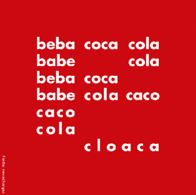 Imagem do poema concreto "Beba Coca-Cola"(1957) de Dcio Pignatari. A partir de 1952, os poetas Augusto de Campos, seu irmo Haroldo de Campos e Dcio Pignatari, deixaram para trs uma esttica conservadora de carter formalista. O Concretismo permitiu a incorporao de elementos de outras mdias (visuais, auditivas, tteis) ao texto. O verso  abolido; h valorizao dos aspectos visual e sonoro; os vocbulos so representados nos seus aspectos geomtricos, alm da nfase na racionalidade.
