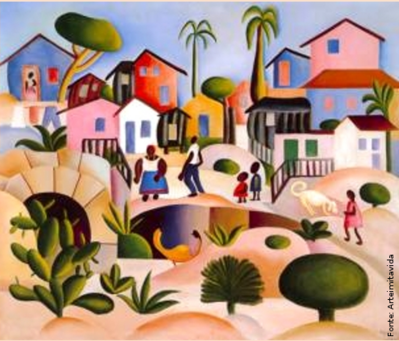 Tarsila do Amaral (1886-1973) foi uma das mais importantes artistas do Brasil. Aps passar dois anos em Paris, retorna a So Paulo em 1922 para integrar o &ldquo;Grupo dos Cinco &rdquo;, que defende as ideias da Semana de Arte Moderna e toma a frente do Movimento Modernista do pas. 
A tela Morro da Favela de 1924, possui uma viso idlica da fase pau-brasil, apresentando o casario baixo, a vegetao natural, os negros simples, o cho de terra batida e as cores  &ldquo;caipiras&rdquo;, tpicas desta fase. Cena pacfica, oscilando entre o rural e o urbano.
