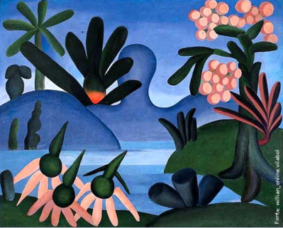 Tarsila do Amaral (1886-1973) foi uma das mais importantes artistas do Brasil. Aps passar dois anos em Paris, retorna a So Paulo em 1922 para integrar o &ldquo;Grupo dos Cinco &rdquo;, que defende as ideias da Semana de Arte Moderna e toma a frente do Movimento Modernista do pas. 
Esta tela  da fase Antropofgica, com o colorido e o tema tpicos de Tarsila. Seu sobrinho Srgio comprou a tela e permaneceu com ela por muitos anos.
