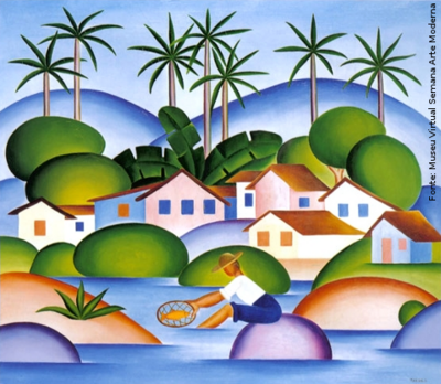 Tarsila do Amaral (1886-1973) foi uma das mais importantes artistas do Brasil. Aps passar dois anos em Paris, retorna a So Paulo em 1922 para integrar o &ldquo;Grupo dos Cinco &rdquo;, que defende as ideias da Semana de Arte Moderna e toma a frente do Movimento Modernista do pas. 
Este quadro tem um colorido excepcional e trata de um tema bem brasileiro: um pescador num lago em meio a uma pequena vila com casinhas e vegetao tpica. O mesmo foi exposto em Moscou, na Rssia em 1931 e foi comprado pelo governo russo. 
