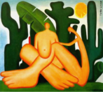 Tarsila do Amaral (1886-1973) foi uma das mais importantes artistas do Brasil. Aps passar dois anos em Paris, retorna a So Paulo em 1922 para integrar o “Grupo dos Cinco”, que defende as ideias da Semana de Arte Moderna e toma a frente do Movimento Modernista do pas. Nesta tela temos a juno do “Abaporu” com “A Negra”. Este aparece invertido em relao ao quadro original. Trata-se de uma das telas mais significativas de Tarsila.  